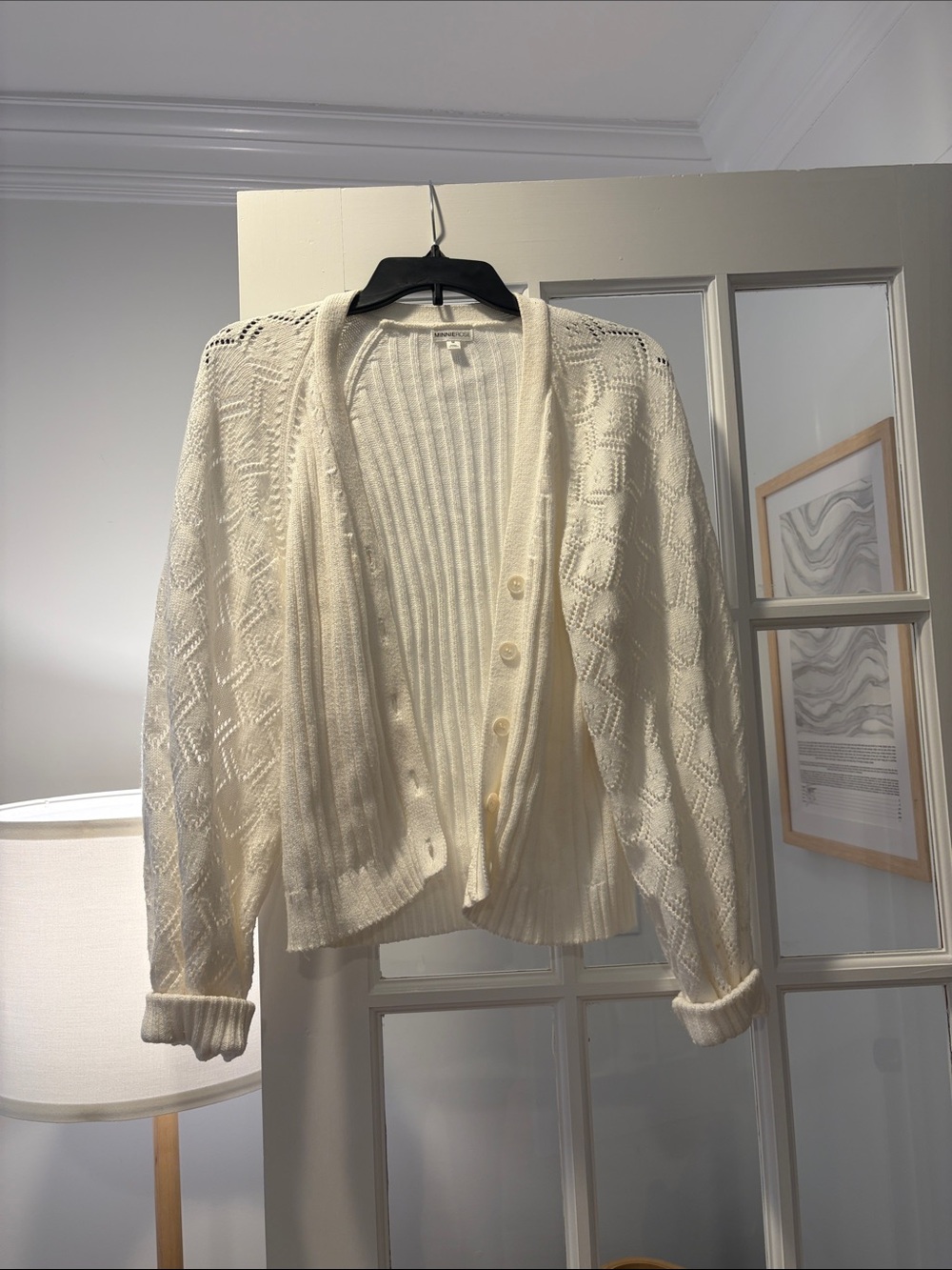 Minnie Rose Ivory Open-Knit Button Front Cardigan
